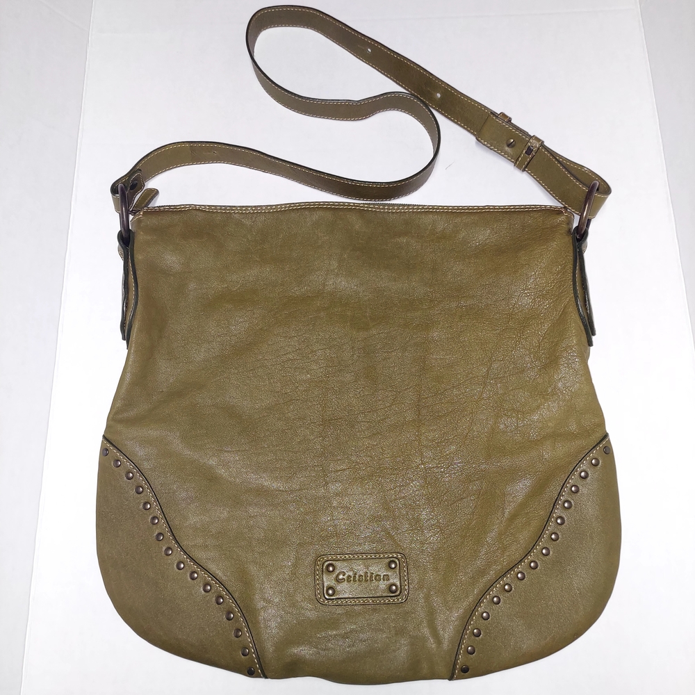 Cristian Olive Green Genuine Leather Made In Italy Large Studded Hobo Bag
